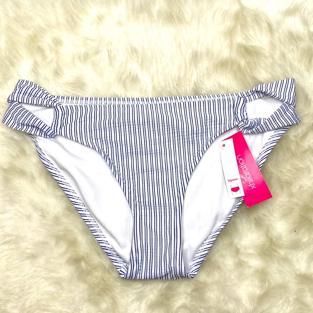 Xhiliration Blue White Striped Cut Out Hipster Swim Bikini Bottoms Juniors NEW
